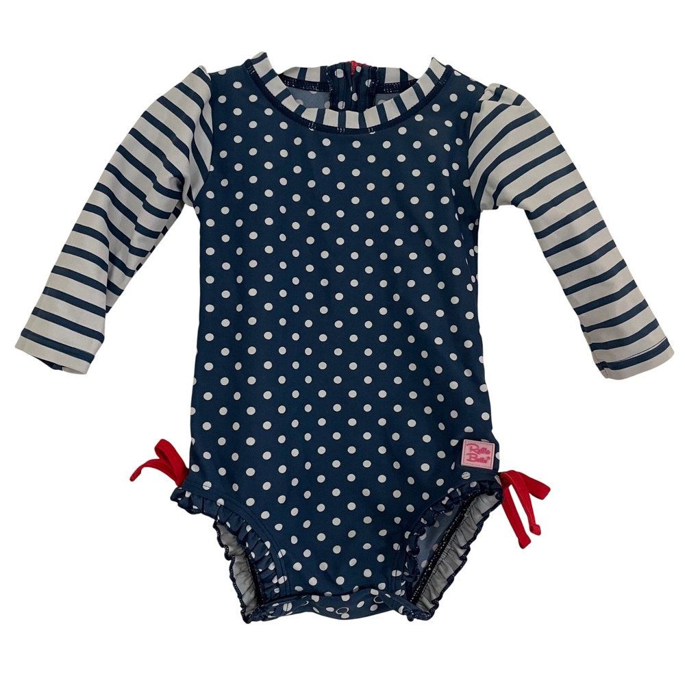 RuffleButts Rash Guard Swimsuit Navy Polka Dot Stripe Baby Girl 6-12M